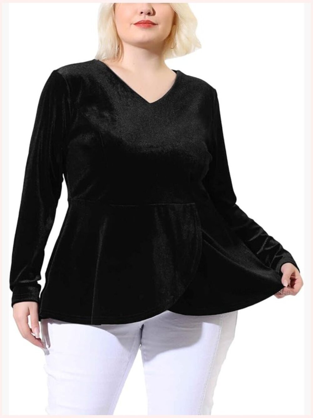 Plus Size Velvet Velour Top V Neck Tulip Hem Long Sleeve Peplum Blouse